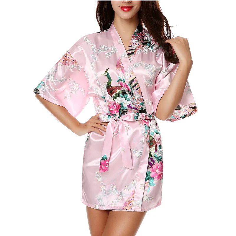 Women Kimono Robes Satin Dressing Gown Peacock and Blossoms robe Sleep