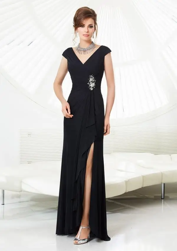 Sexy Black Chiffon Long Mother Of the Bride Dresses V Neck Sleeveless