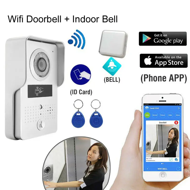 

Wireless WIFI Video door phone intercom + indoor ring Bell Supoort ID Card Unlock Mobile phone Remote Talk