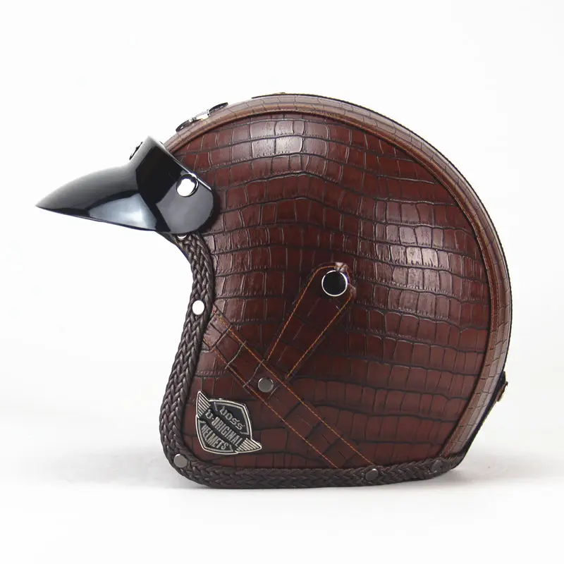 Взрослые 3/4 кожаные шлемы винтажные мотоциклетные байкерские скутер Cruiser с открытым лицом полушлем с открытым лицом Мотоцикл черный - Цвет: VS Plaid Brown 1