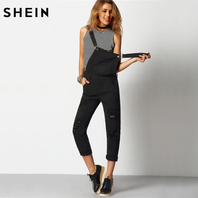 Jeans Herbst Länge Overalls Us18 99shein Shein Overall In 2016 Voller Taschen Frühling Jeansriemen Denim Gerissen Frauen Schwarz QdthxrsC