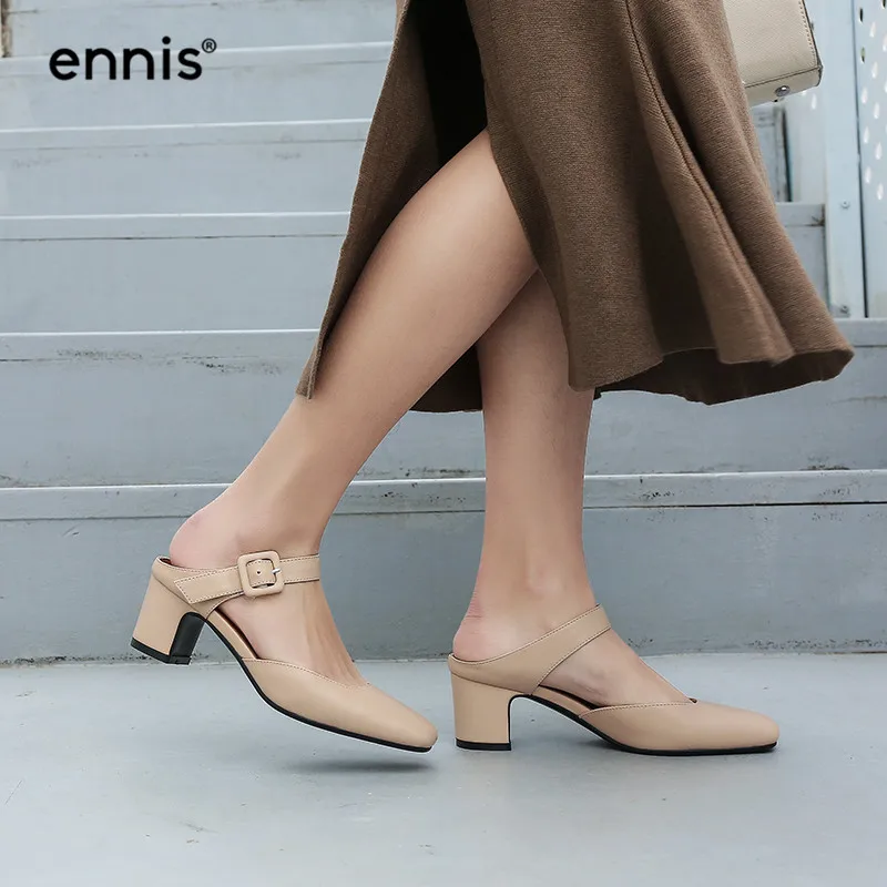 

2019 Spring Summer High Heels Mules Women Genuine Leather Slippers Close Toe Pumps Mary Jane Shoes Khaki Black Ladies Shoes M907