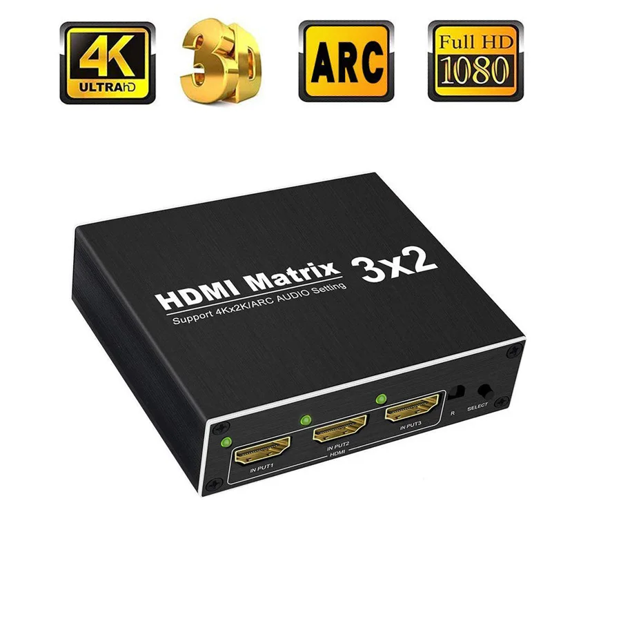 

HDMI Matrix 3x2 HDMI Switch splitter 4K with SPDIF and 3.5mm Audio Extractor support ARC for HDTV DVD