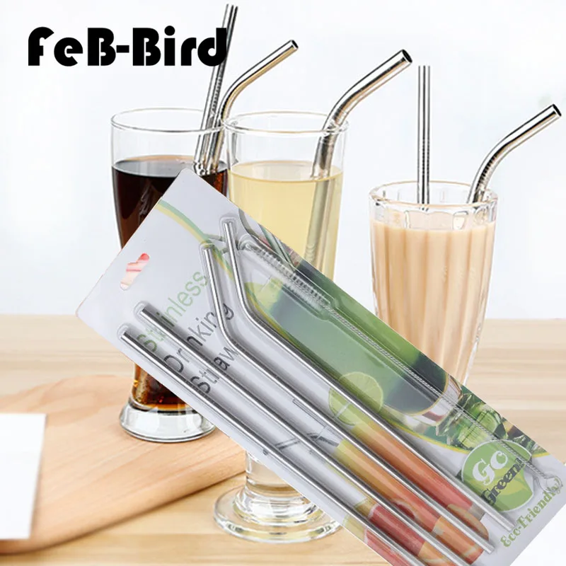 Set of 4 Stainless Steel Drinking Straws 1 Brush Reusable Bent