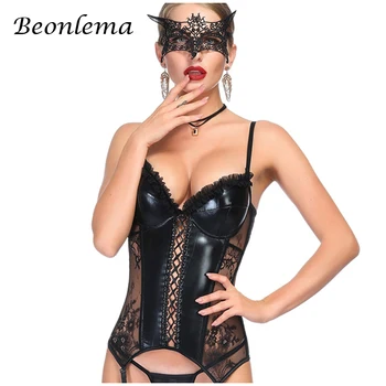 

Beonlema Sexy Corset Lingerie Women Faux Leather Gothic Bustiers Black Overbust Corset See Through Lace Erotic Corselet 6XL