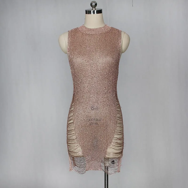 gold distressed knitted dress