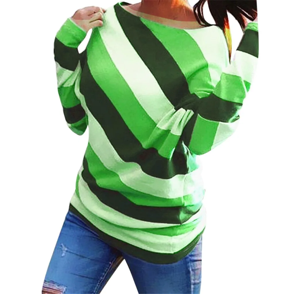 Свободный страусиный Модный женский персональный дизайн Цифровая Печать Полосатый косые плечи повседневное плечо длинный рукав повседневный Дикий Топ - Цвет: Green