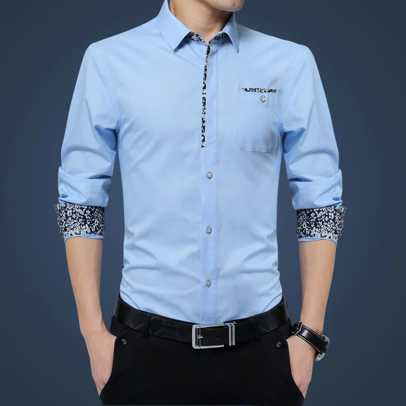 Новинка, роскошные Брендовые мужские рубашки размера плюс 5XL, не гладильная рубашка с длинным рукавом и отложным воротником, тонкая мужская рубашка, дизайнерская одежда - Цвет: Небесно-голубой