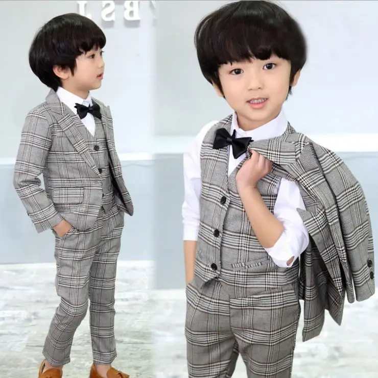 New Kids Boys 3PCS Formal Plaid Wedding Suit Kids England Style Blazer+Pant+Waistcoat Suit for Boys Kids Party Costume