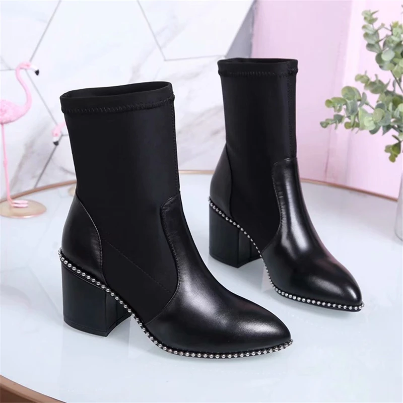 

Genuine leather high heels women boots string beaded rivets studded Ankle Boots for ladies 2018 runway design autumn Sock Shoes
