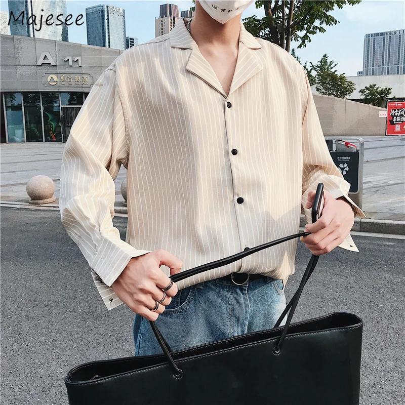 

Shirts Men Autumn Striped Leisure Simple All-match Slim Long Sleeved Shirt Mens Korean Style Printed Single Breasted Clothing