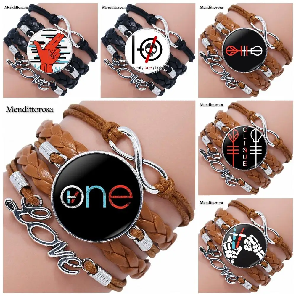 

Twenty One Pilots Music Band For Women Gift Plated Jewelry With Glass Cabochon Multilayer Black/Brown Leather Bracelet Bangle