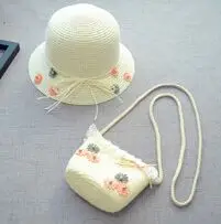 Hat and bag set C Летняя соломенная плетеная шляпа от солнца для девочек, кепки с козырьком+ соломенная сумка через плечо, комплекты Weaved шапки, Детская Милая пляжная шляпа принцессы с цветочным принтом - Цвет: Hat and bag set C