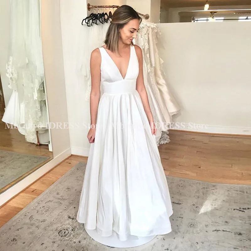 

Vestido De Noiva 2019 New Elegant V-neck Beach Wedding Dresses A-line Luxury Satin Boho White Bridal Gowns Cheap Plus Size