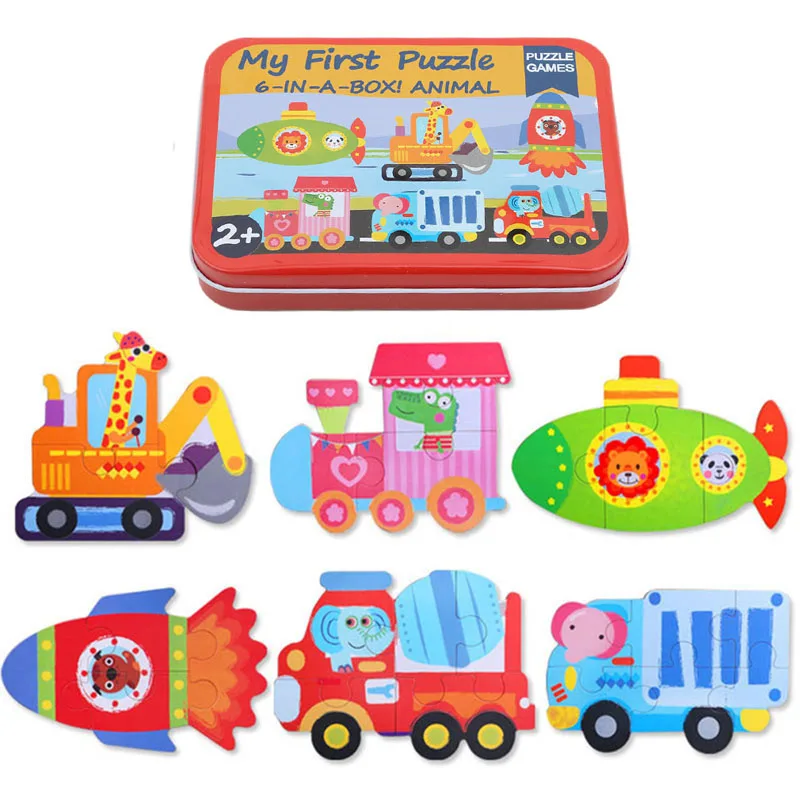 

6 In 1 Iron Box Cartoon Animals Wooden Puzzle For Children Montessori Early Educational Toys Baby Toys Gifts For Kids