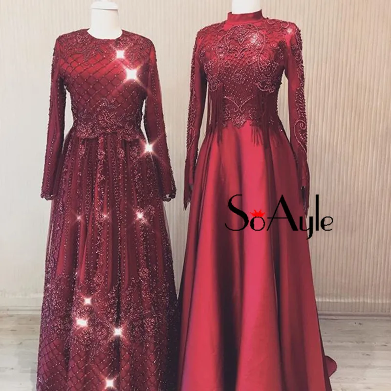 SoAyle вечернее платье Роскошные бисером рукава атласные вечерние Платья Vestidos de festa бордовый женские длинные платья для гостей