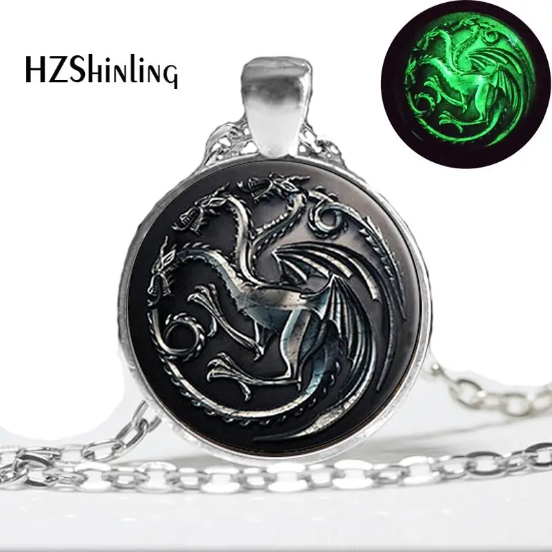 

Glow in the dark Game Of Thrones Necklace, House Targaryen Song Of Ice And Fire Dragon Necklace Art photo Glowing Jewelry