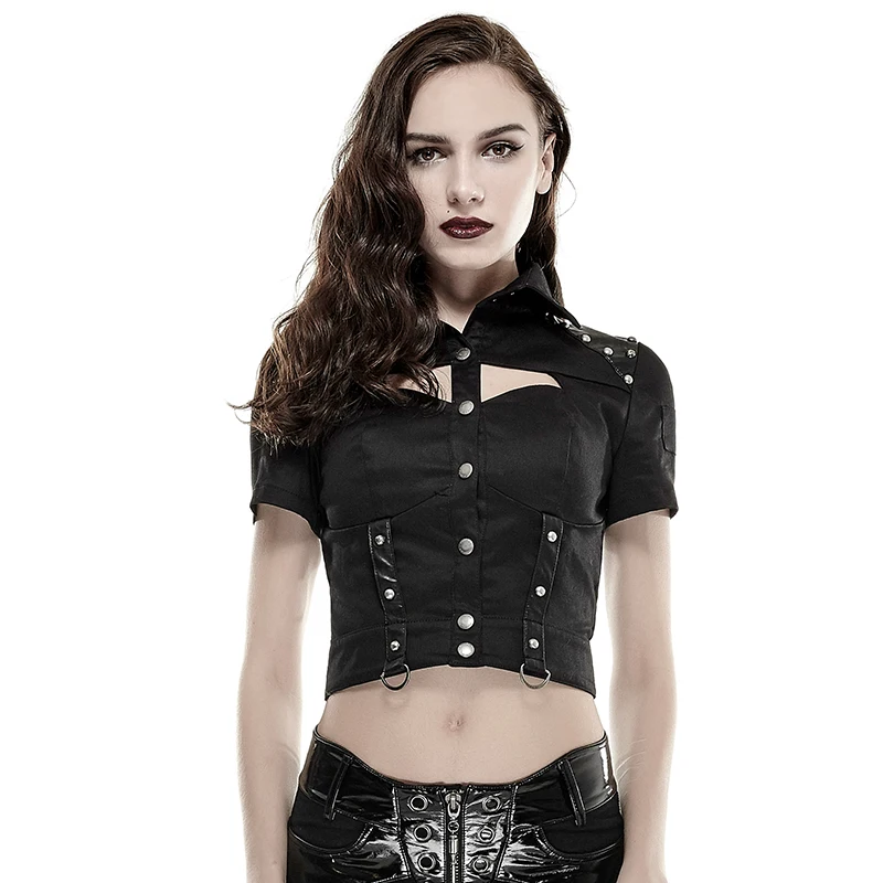 

Steampunk Black Green Slim-Fitting Short Shirt Blouse Punk Rivet Studded Leather Matching Sexy Military Uniform Women Shirts Top