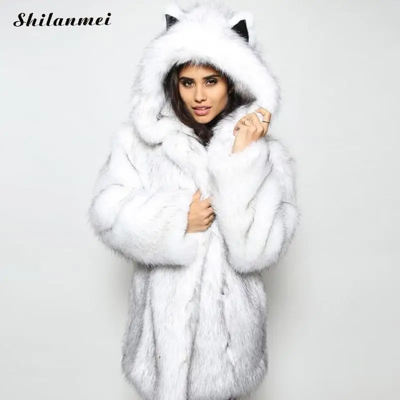 d Manteau Survêtement 4 Dessinée A Hiver 2017 Faux c Longue b Couleurs L'oreille De Coiffe Veste Mode Bande Avec Nouvelle Style Femmes Section Renard Fourrure ASwFq