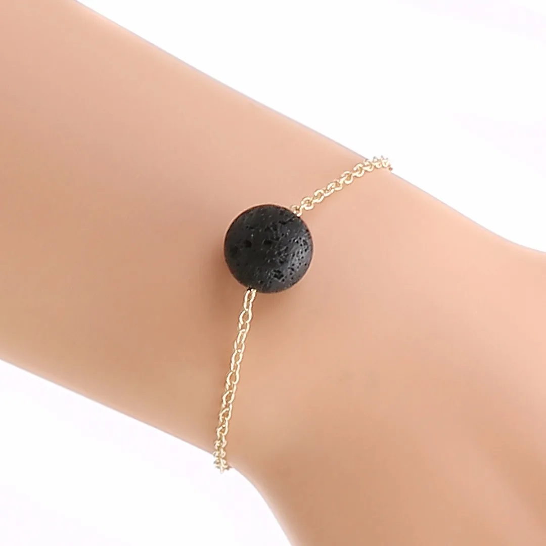 New Punk Black Lava Stone Gold Chain Bracelet For Women Vintage Jewelry Shellhard Charm Round Ball Essential Oil Diffuser Bangle
