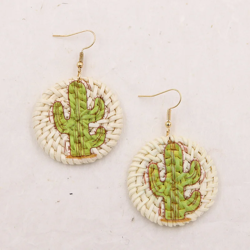 

New Design Rattan Earrings for Women Handmade Wood Wicker Round Earring Natural Cactus Earing Jewelry Pendientes Verano 2019