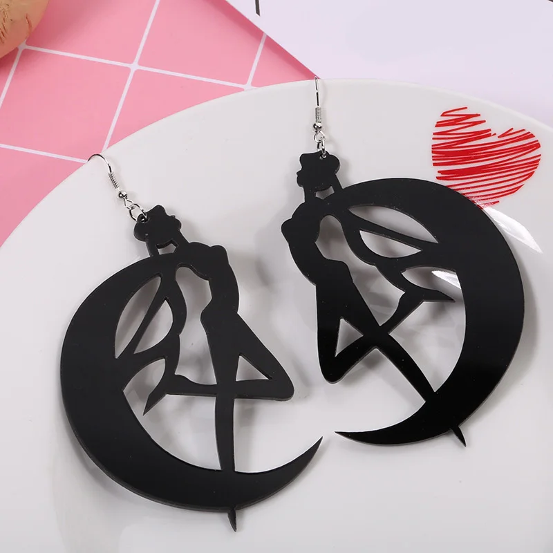 

2018 new fashion black acrylic moon girl drop earrings for women girl jewelry cartoon simple style dancing girl earrings
