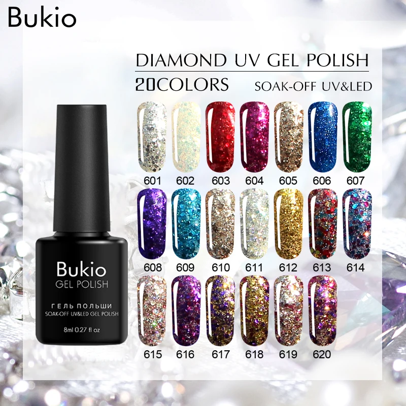 

Bukio 8ml Diamond Sequin Glitter Gel Nail Polish Semi Permanent 20 Colors Soak Off Shimmer Nail Art Diamond Gel Lacquer