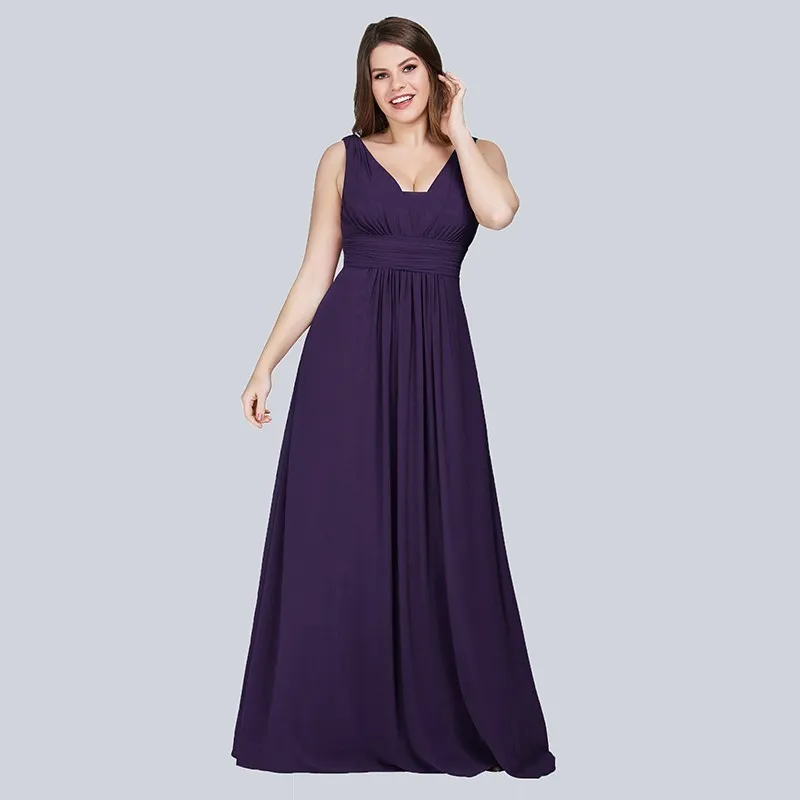 Dark Purple Вечерние платья Ever Pretty размера плюс, Новое поступление, элегантные шифоновые темно-синие трапециевидные Длинные вечерние платья с v-образным вырезом для гостей на свадьбе - Цвет: Dark Purple