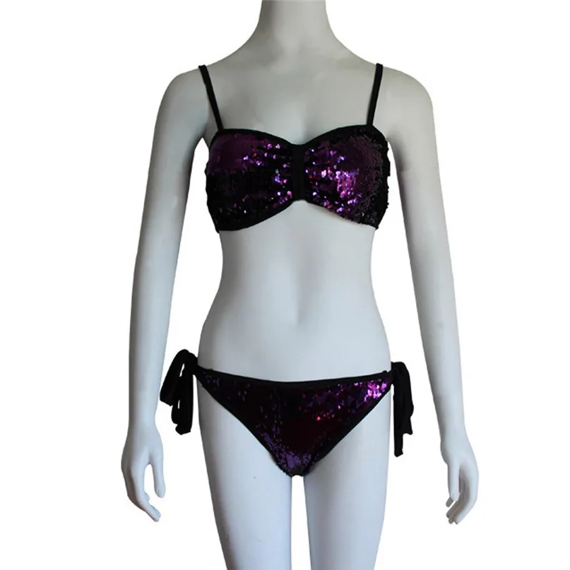 Ladies Sequins Split Swimsuit Sexy Bikini Women Paillette Push-Up Padded Bra Beach Bikini Set Swimsuit Swimwear #2d06 (6)