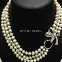Один набор 3 ряда пресноводный жемчуг Белый округлый 8-9 мм природное ожерелье браслет 17-19 дюймов FPPJ& Циркон крюк