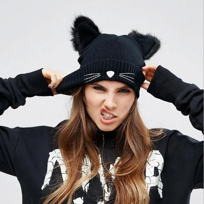 2017 Women Winter Cap Fashion Woolen Knitting Beanie Devil Cat Ear