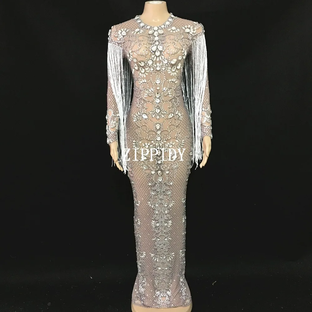 

Shining Black Mesh See Through Crystals Long Dress Evening Party Rhinestones Dresses Tassel Costume Fringes Dress YOUDU