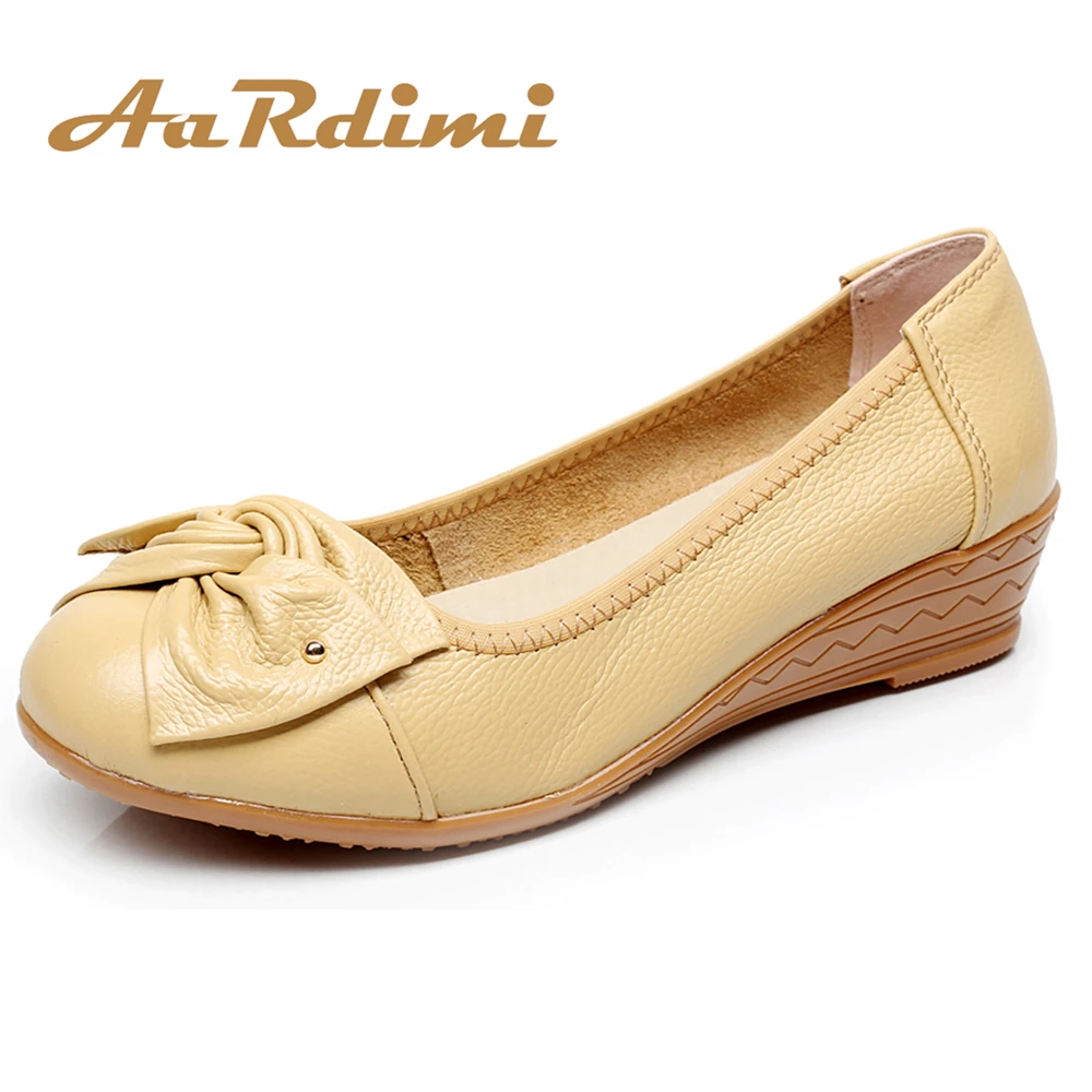 

NEW Genuine Leather flat shoes woman autumn bowtie laofers fashon slip on wedges shoes women flats mother shoes zapatos mujer