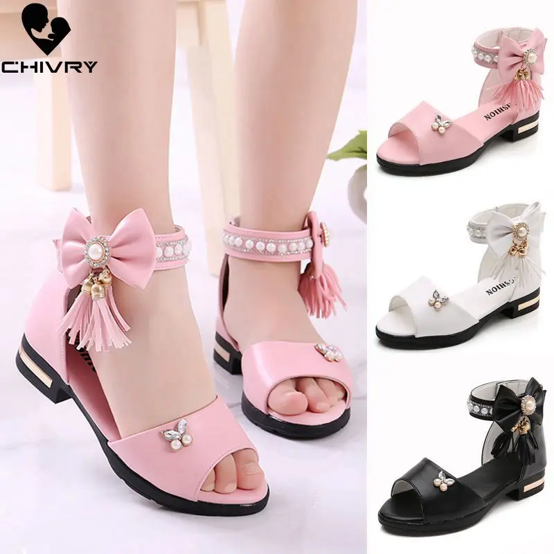 

Chivry 2019 Summer Children Girls Sandals Bowknot Beads Princess Girls Shoes Kids High Heel Crystal Banquaet Party Sandals Shoes