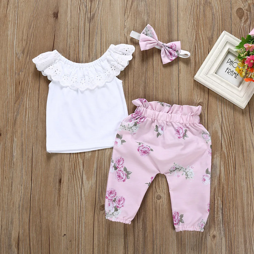 

Summer Cute Newborn Clothes Baby Girls Outfits Sleeveless Shirt Tops+Floral Pants+Headband Kids Clothes Baby Set Bebek Giyim
