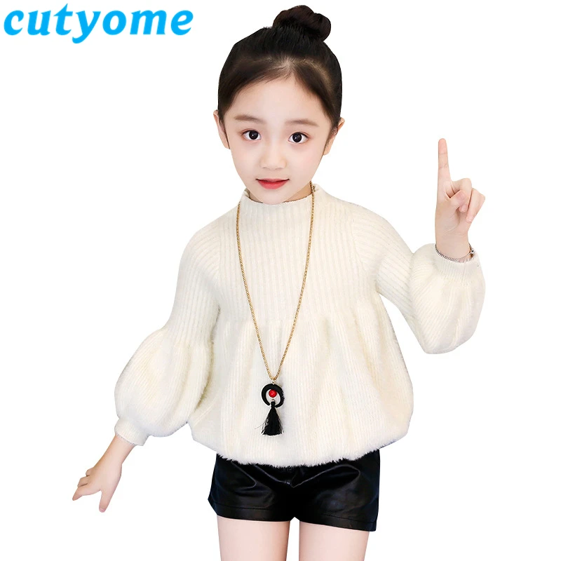 

New Winter Sweaters Teenage Girls Christmas Warm Lantern Sleeve Sweater Children Jumper Pullover Knitted Kids Sweaters 8 9 10 12