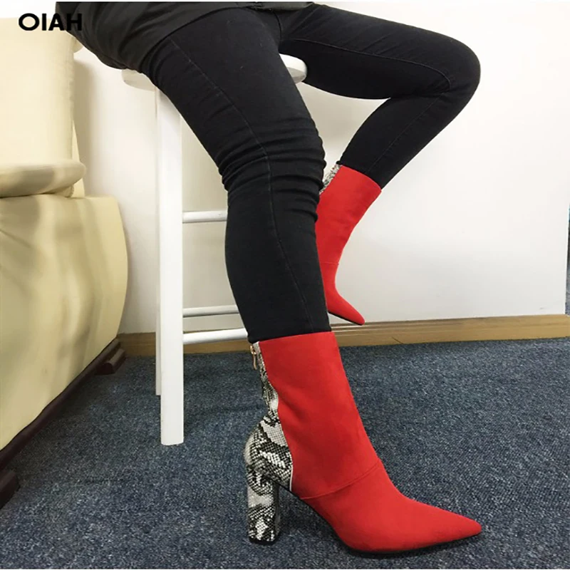 Faux Suede Red Sexy Snakeskin Print Ankle Boots for Women Shoes Pointed Toe High Square Heel Botas Mujer Botte Femme Faux Suede Red Sexy Snakeskin Print Ankle Boots for Women Shoes Pointed Toe High Square Heel Botas Mujer Botte Femme