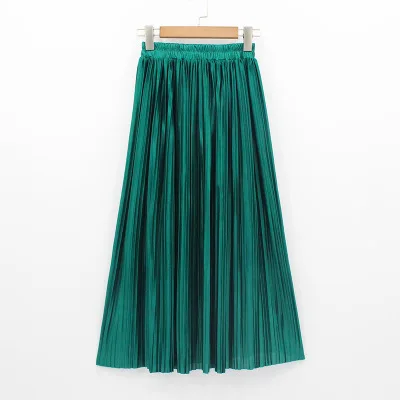 Новинка, летние плиссированные юбки для женщин, длина по щиколотку, а-силуэт, металлический светильник, шелковая длинная однотонная женская юбка с металлическим украшением - Цвет: green