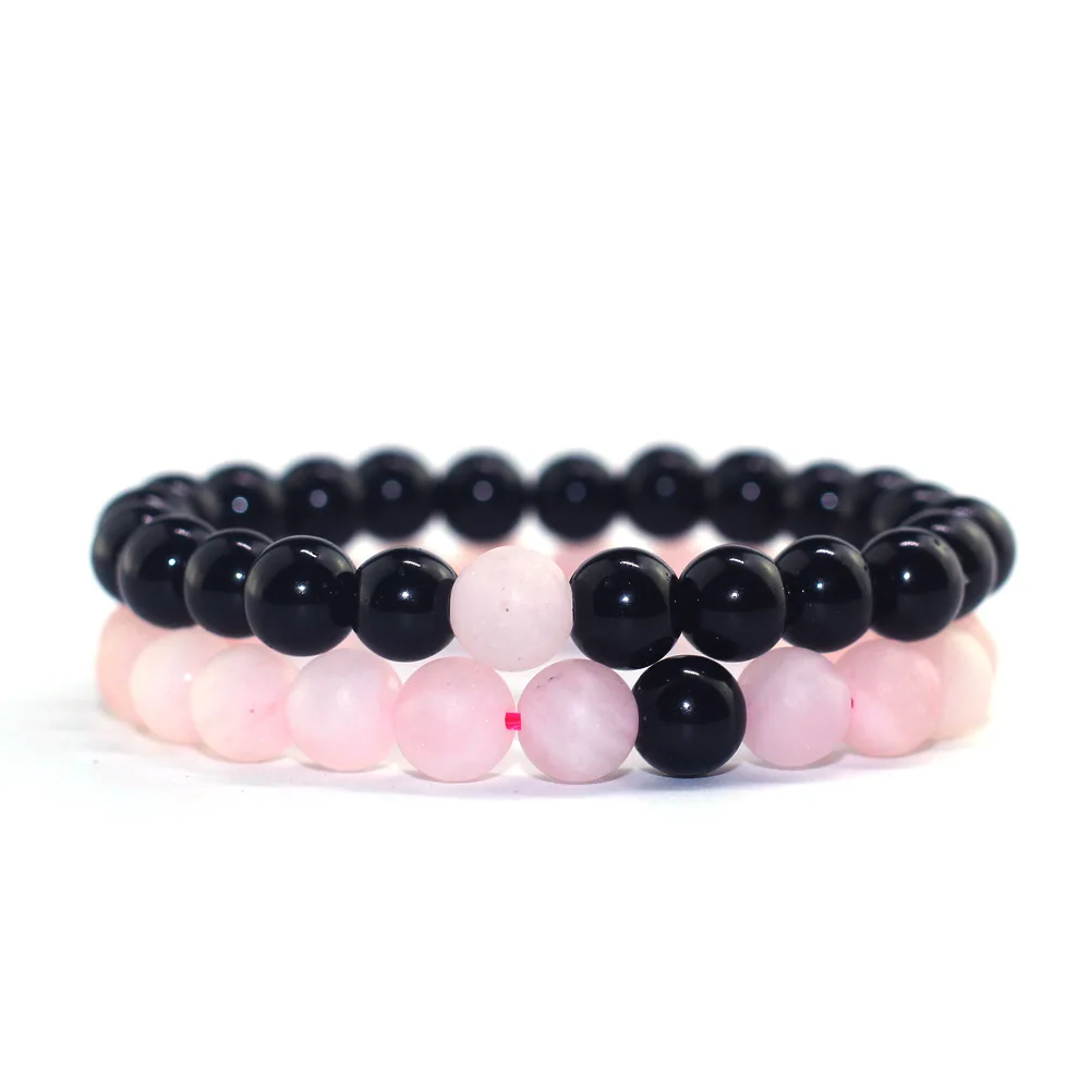 

2 Pcs/set Couple Distance Pink Black Beads Bracelet Natural Stone Strand Yoga Bracelets Charm Jewelry Gifts for Women Men Lovers