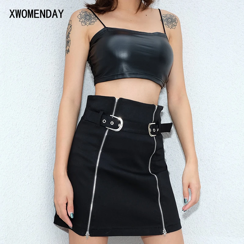 

Black Skirt With Buttons Women 2019 Sexy Club Double Zipper Bodycon Mini Skirts Tight belt Vintage Ladies Half Body Short Skirt