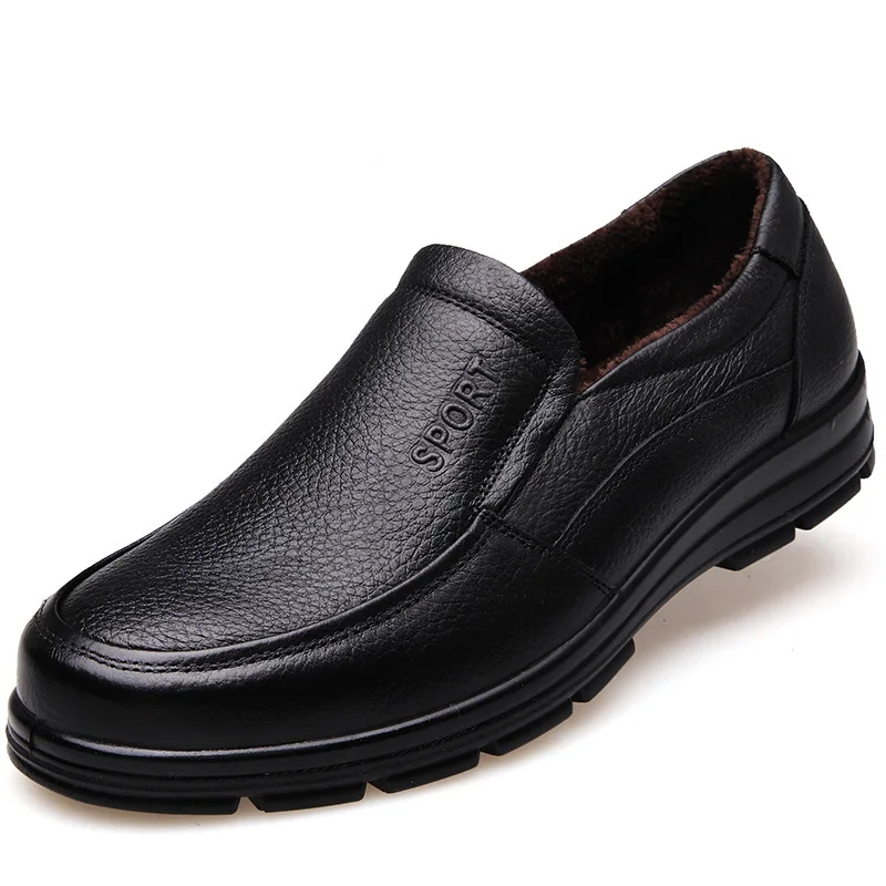 NPEZKGC/Новинка года; Повседневная обувь из коровьей кожи; зимние мужские лоферы без шнуровки; модные Лоферы для вождения; мокасины; Мужская обувь из плюша - Цвет: Slip on Black