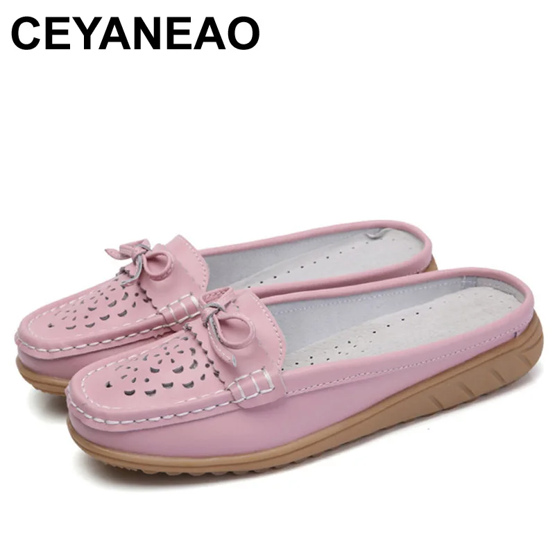 

CEYANEAO Summer Women Half Slippers Shoes Hollow Slip On Breathable Leather Shoes Woman Slides Outside Butterfly-knot Slippers