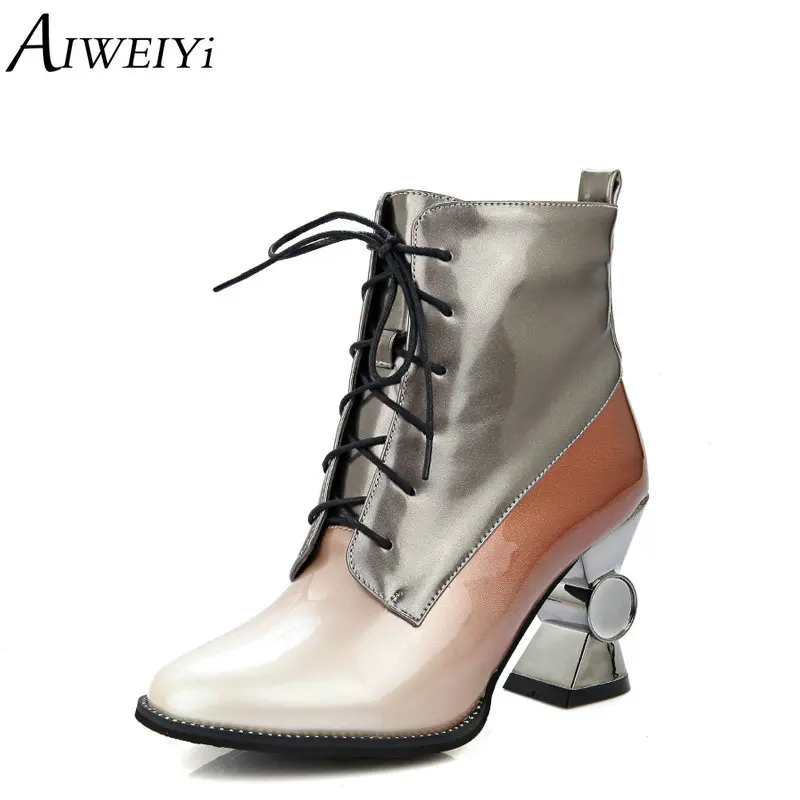 

AIWEIYi Ankle Boots for Women Patent Leather Strange Heel High Heels Lace Up Martin Boots Autumn Winter Shoes Woman Booties