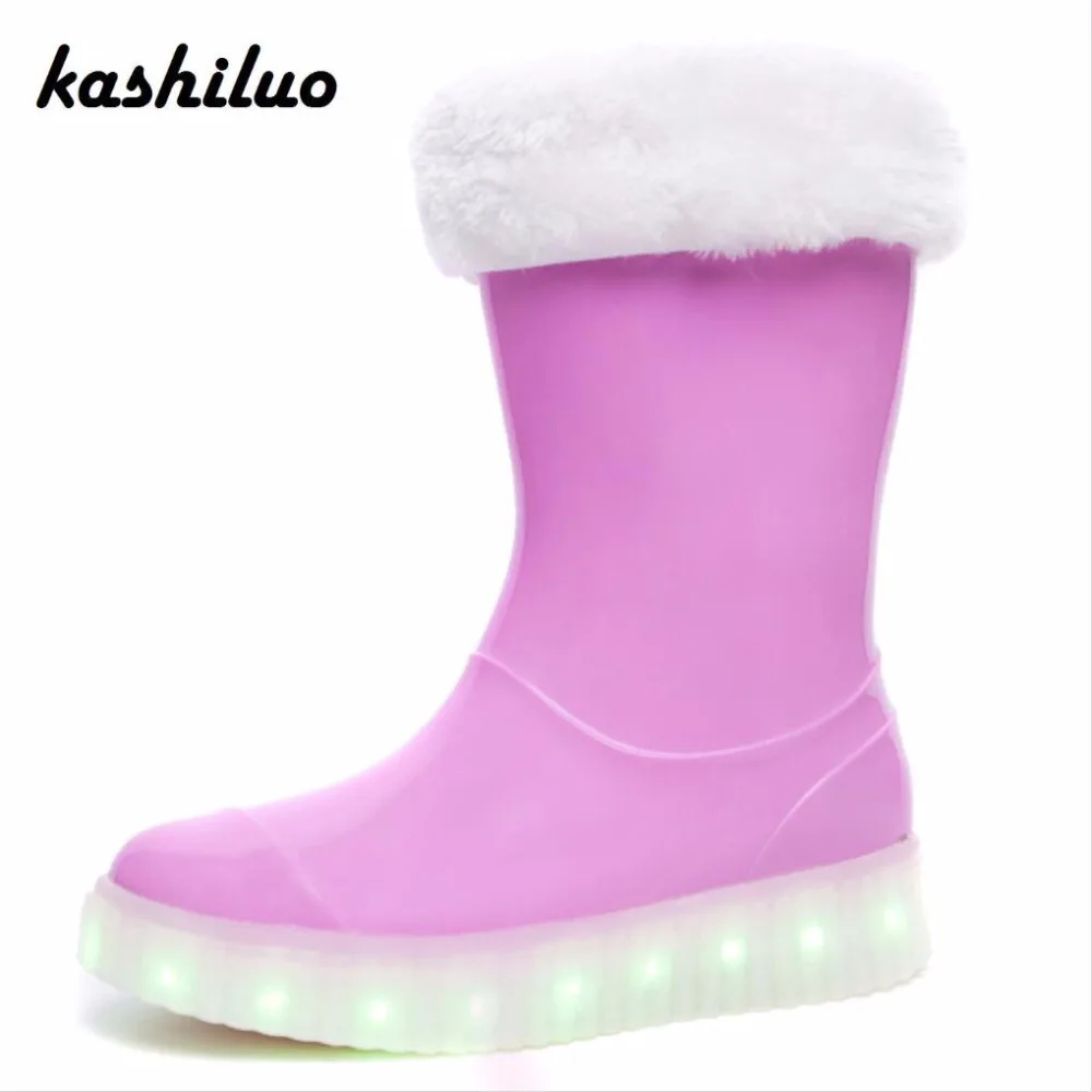Kashiluo/детские резиновые сапоги с подсветкой; детская обувь с подзарядкой; светящаяся обувь для мальчиков и девочек; зимние резиновые сапоги; теплые галоши