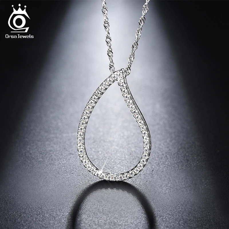 

ORSA JEWELS Fashion Silver Color Heart Pendant Necklace Long Chain Necklaces with AAA Austrian Cubic Zirconia for Women ON129
