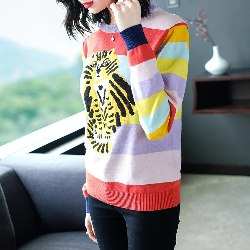 Striped elastic knit loose pullovers sweater 2018 new women autumn winter basic sweater