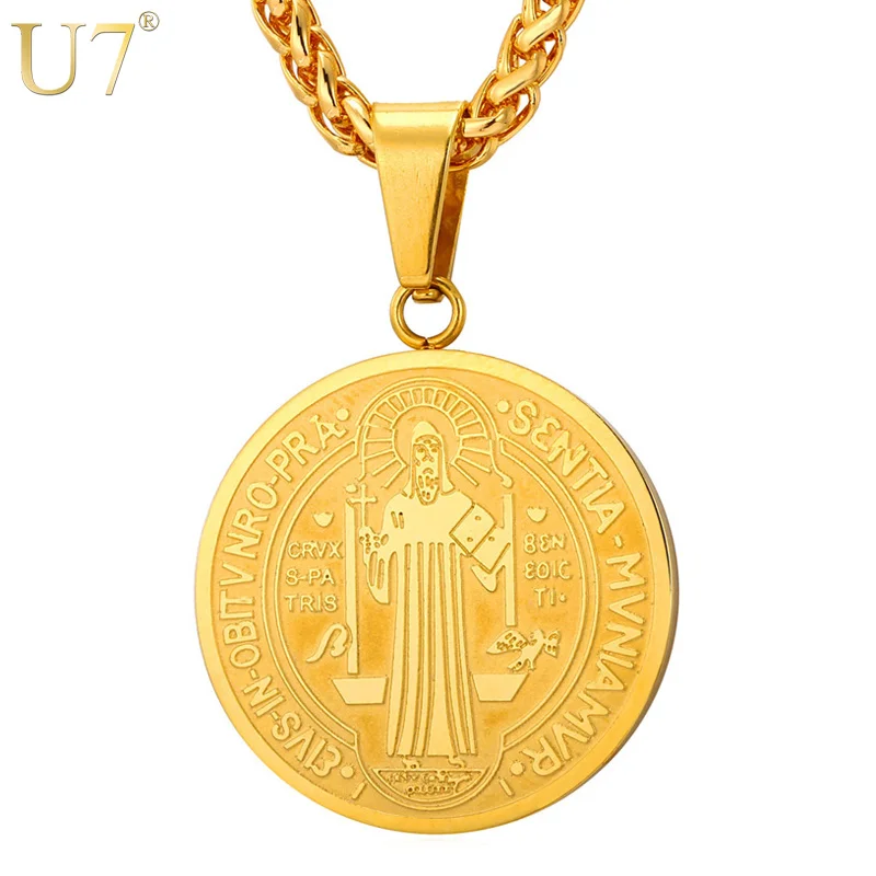 U7 Санкт Бенедикт Круглые Медаль Ожерелья и Кулоны Позолоченные Классический Католицизм Ювелирные Изделия P763