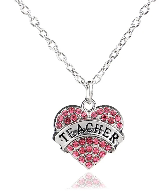 Image Women Lady Clear Blue Pink Crystal Heart Lettering Words Engraved Teacher Pendant Necklace Jewelry Christmas Gifts For Teacher