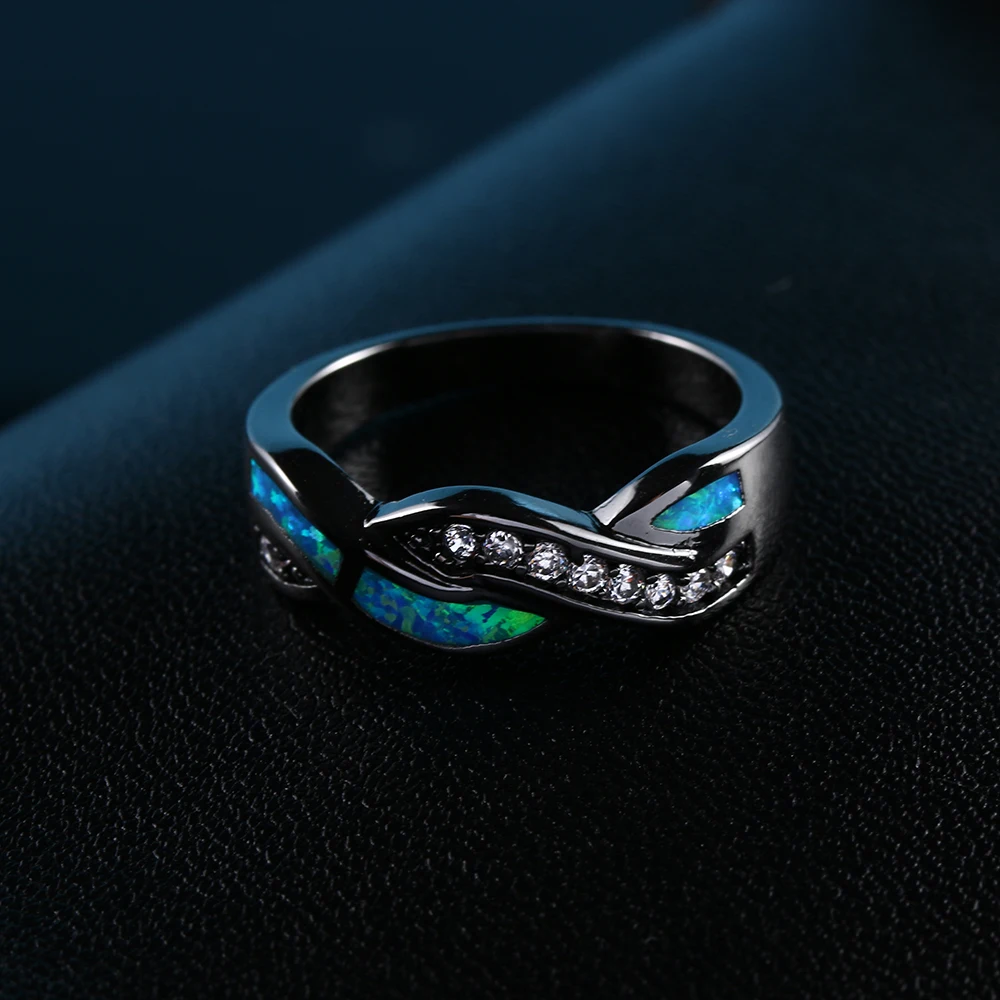 Новые винтажные кольца с черным пистолетным покрытием, волнистые кольца с Синим Опалом для женщин, модные ювелирные изделия, вечерние, скрещенные цирконием коктейльные кольца для свадебного подарка