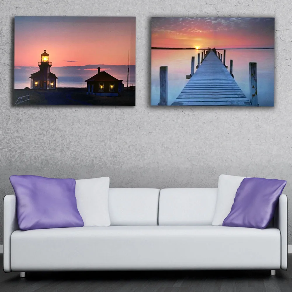 Buy Led Canvas painting lighthouse with pier sunset